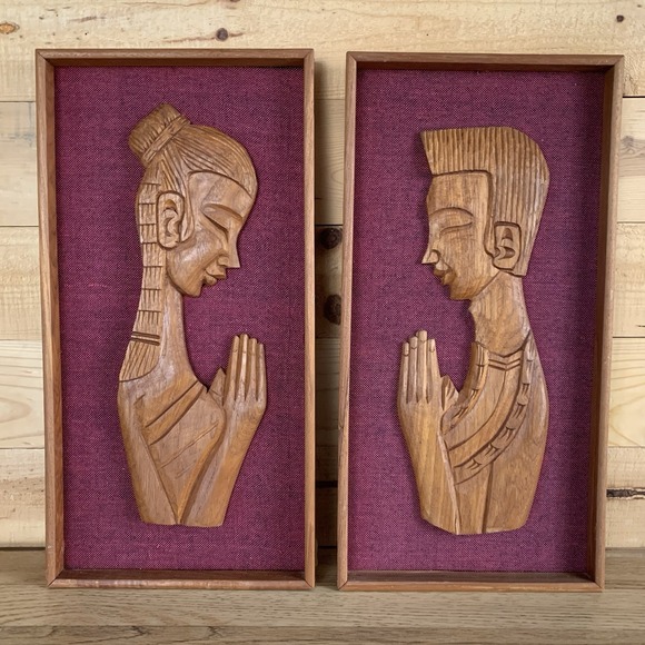2 Wall Art Hangings Namaste Lady Man Praying Carved Wood Teak VTG Tribal African